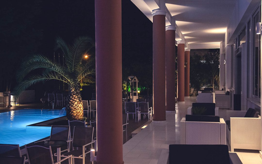 Hotel Philippos lobby with sophisticated design and warm hospitality feel Hotel Philippos lobby with sophisticated design and warm hospitality feel